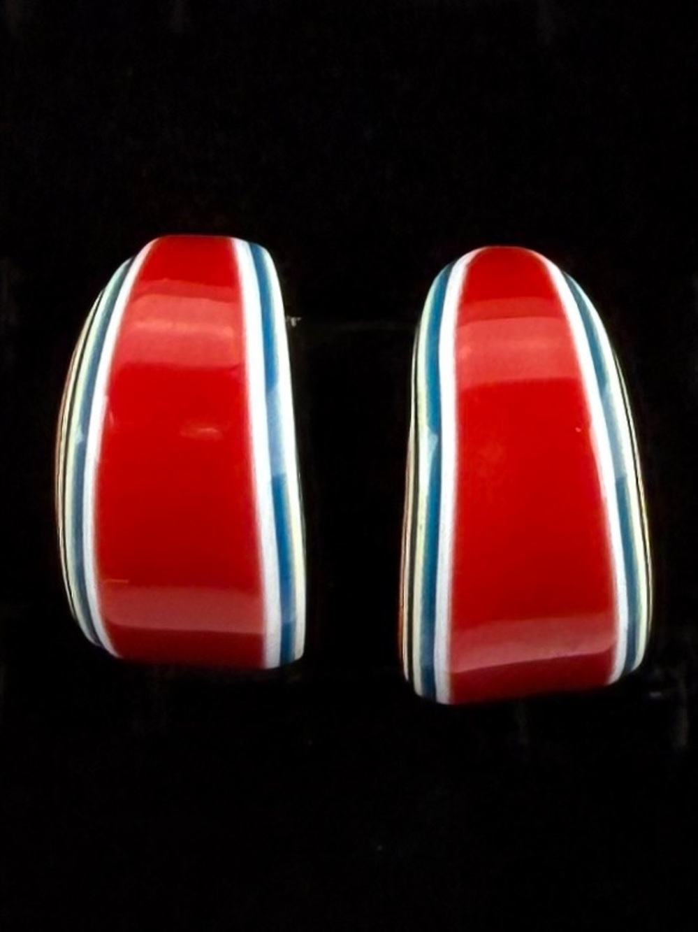 Vintage Red Multicolor Striped Chunky Hoop Clip On Earrings